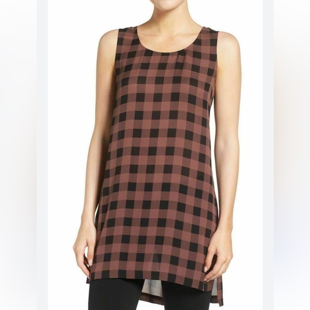 Plaid Eileen fisher silk Black and Mauve Plaid Sleeveless Shift Dress USA small